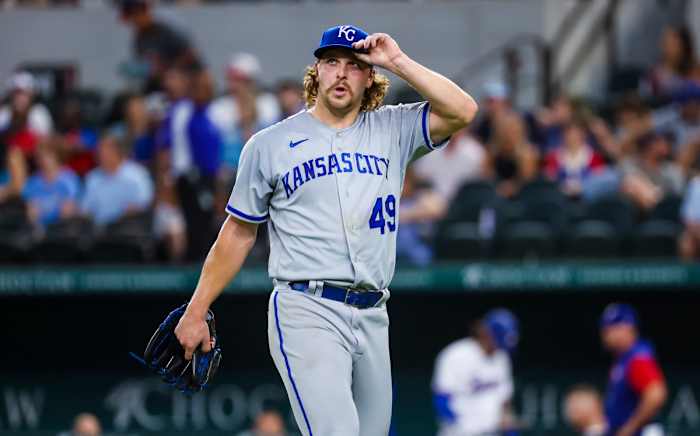 May 12, 2022; Arlington, Texas, USA; Kansas City Royals starting pitcher Jonathan Heasley (49) reacts after leaving the game during the fourth inning against the Texas Rangers at Globe Life Field. Mandatory Credit: Kevin Jairaj-USA TODAY Sports
